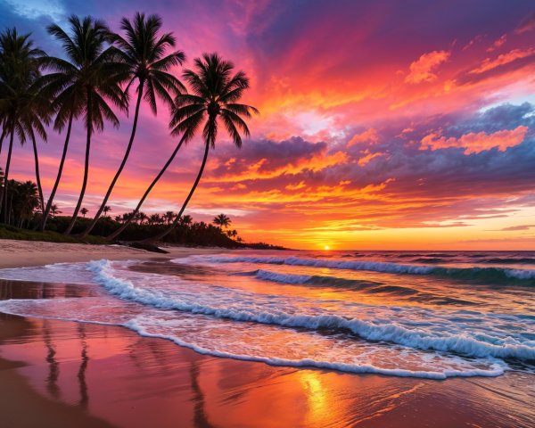 Vibrant Sunset Over Serene Beach with Palm Trees
