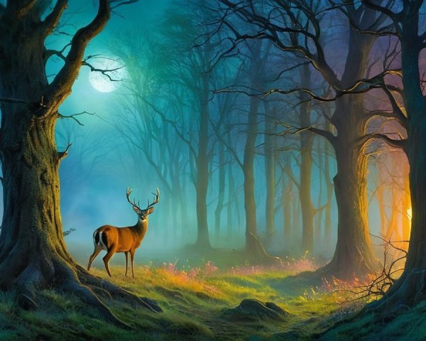 Majestic deer in a mystical forest under a full moon