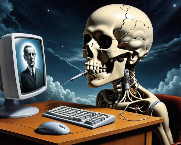 Skeletal Figure with Robotic Enhancements at Computer