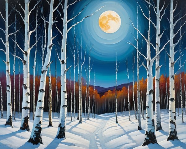 Winter Landscape with Birch Trees and Moonlight