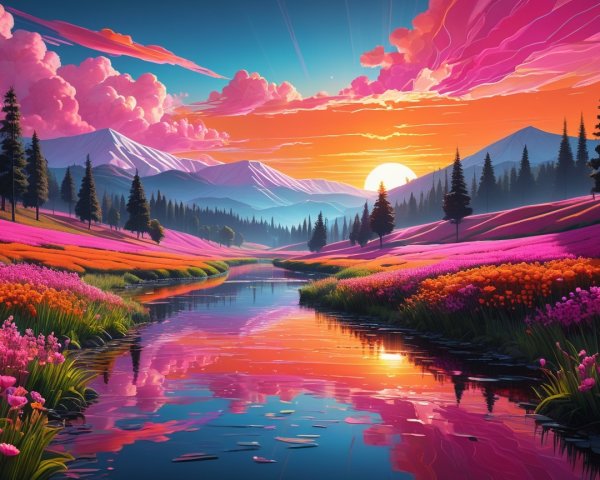 Vibrant Landscape with River and Sunset Reflection
