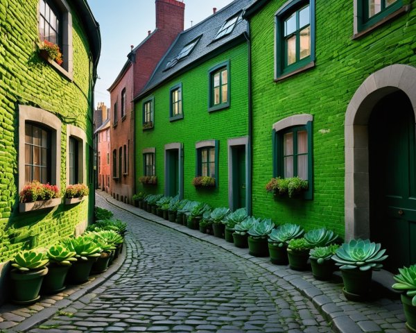 Charming Cobblestone Alley with Green Brick Houses