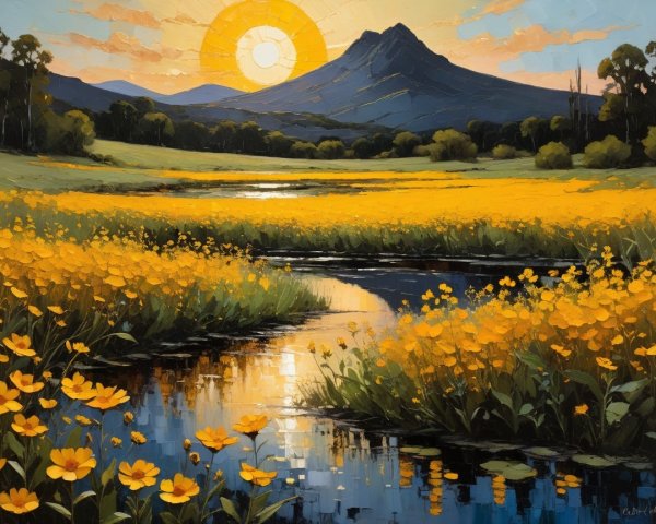 Vibrant Landscape with Yellow Flowers and River