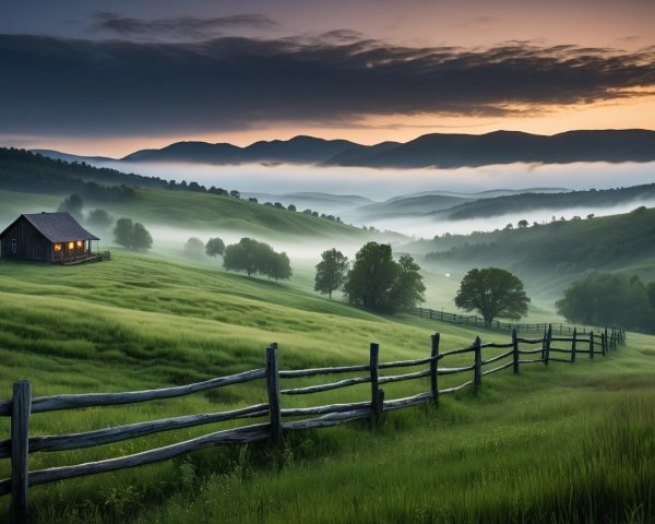 Tranquil Dawn Landscape with Rustic Cabin and Hills