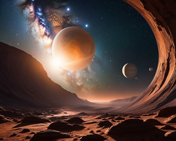 Alien Landscape with Gas Giant and Starry Sky