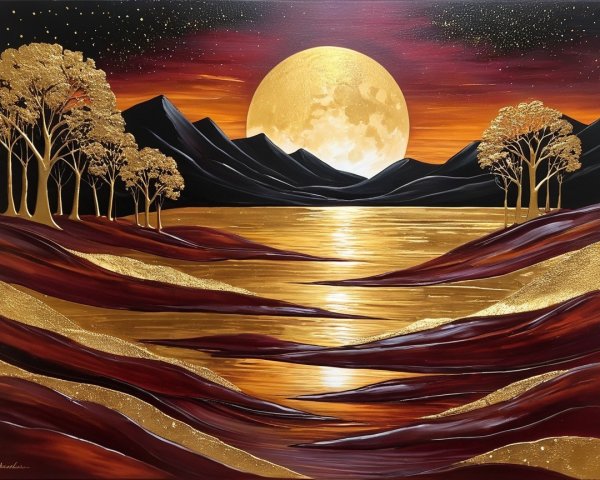Landscape Painting of Sunset Over Mountains and Lake