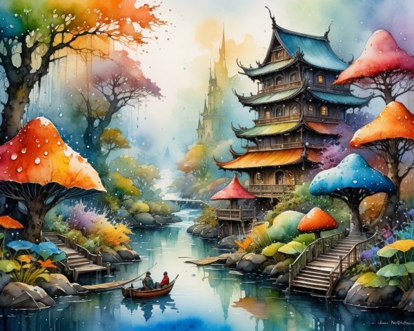 Vibrant Watercolor Landscape with Whimsical Flora