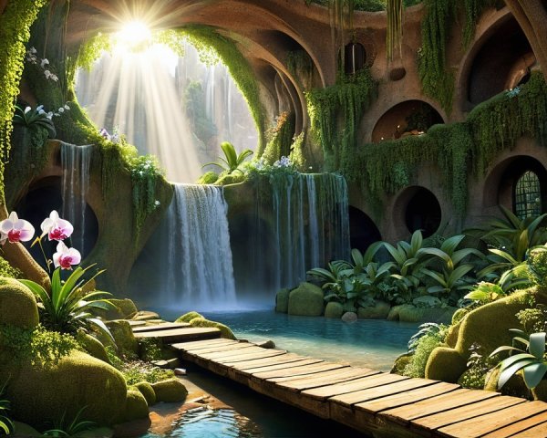 Serene Cavern with Waterfall and Lush Greenery