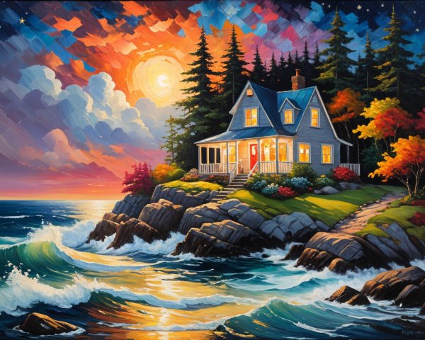 Vibrant Sunset Over Cozy House by Rocky Shore