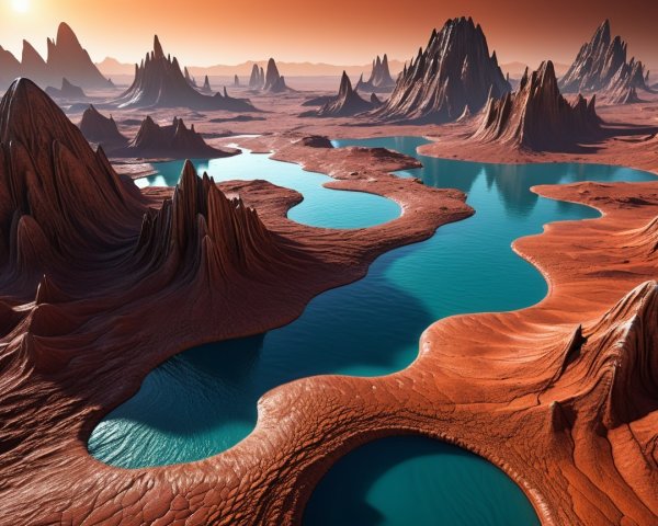 Alien Landscape with Mountains and Turquoise Waters