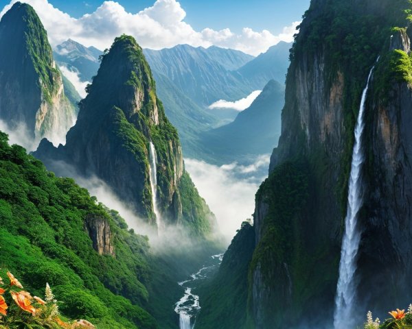 Majestic Mountain Landscape with Waterfalls and Flowers