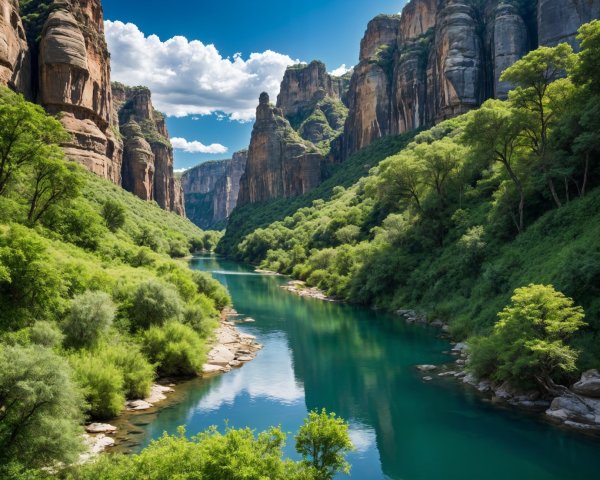 Serene River Flowing Through Lush Green Valleys