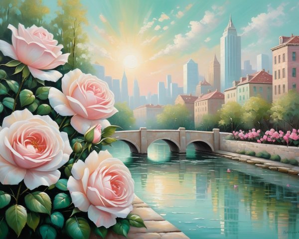 Serene Cityscape with Pastel Colors and Roses