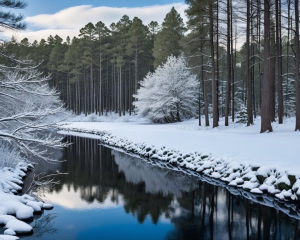 Serene Winter Landscape with Calm River and Snowy Pines