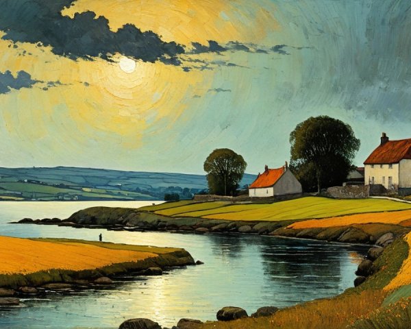 Coastal Landscape Oil Painting with Dramatic Sky