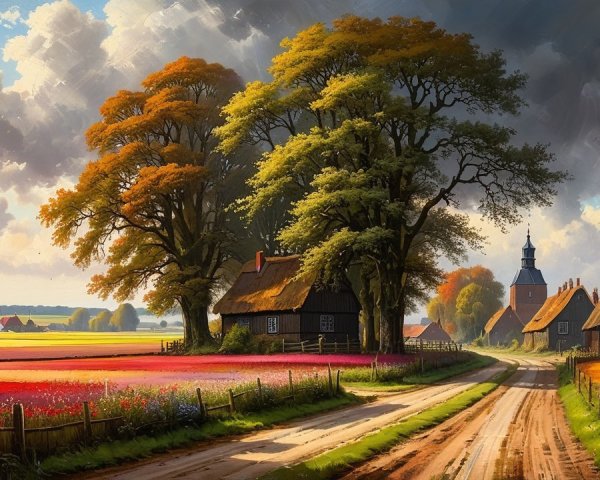 Countryside Scene with Flowers and Thatched Cottages