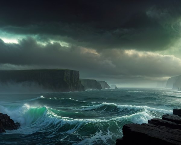 Dramatic Coastal Scene with Stormy Sky and Moonlight