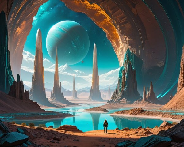 Alien Landscape with Rocky Spires and Colorful Sky