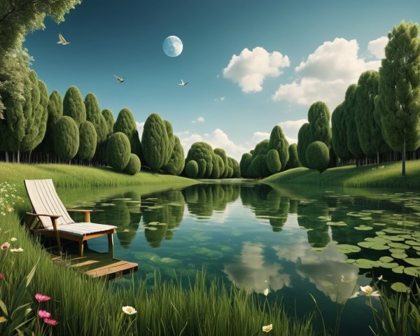 Tranquil Pond Landscape with Lush Greenery and Moonlight