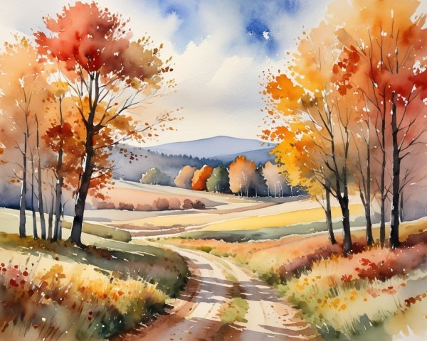 Watercolor Landscape Depicting Autumn Serenity