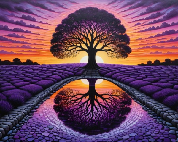 Vibrant Sunset Landscape with Silhouette Tree and Pond