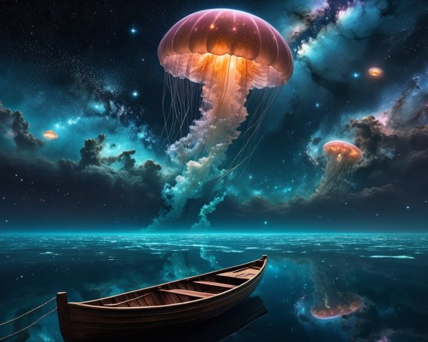 Serene cosmic seascape with glowing jellyfish and stars