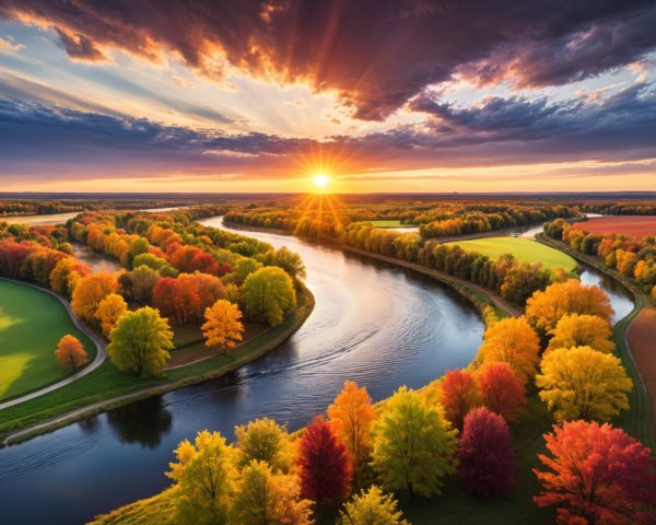 Aerial View of Autumn River Landscape at Sunset