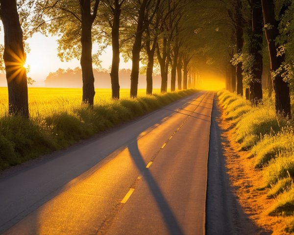 Tranquil Sunrise Road Amidst Luminous Landscape