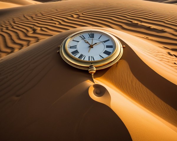 Clock Embedded in Desert Dune on Sunny Day