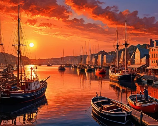 Picturesque Harbor at Sunset with Vibrant Reflections