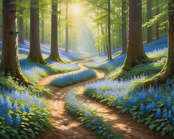 Serene Forest Path Surrounded by Bluebells and Trees