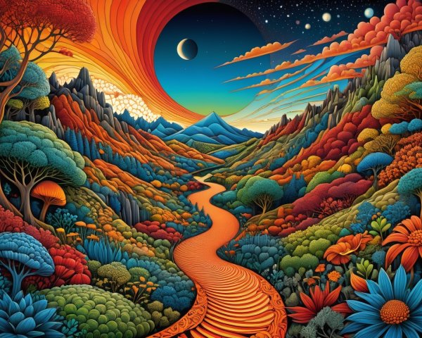 Vibrant landscape with river, colorful trees, and mountains