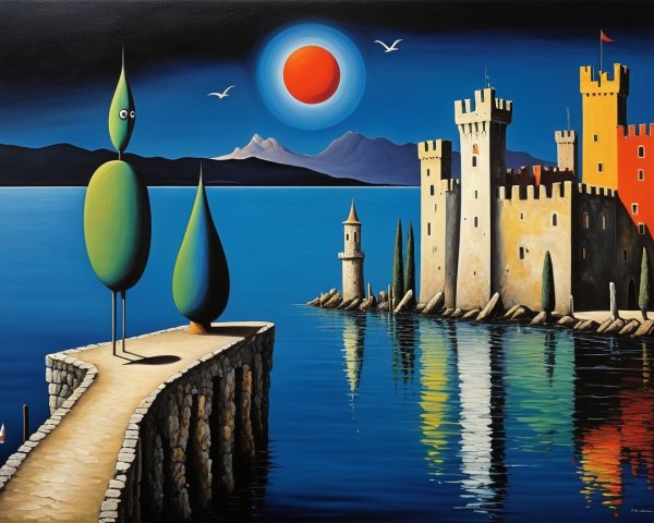 Whimsical Landscape with Trees, Lake, and Castle
