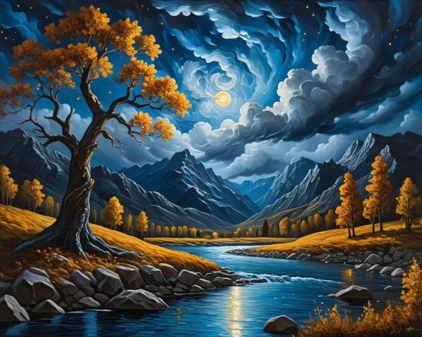 Serene Landscape with River and Autumn Foliage