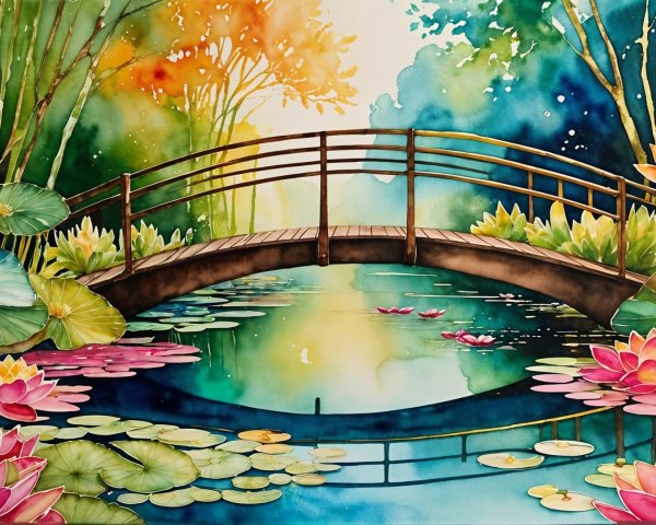 Tranquil Pond with Lotus Flowers and Wooden Bridge
