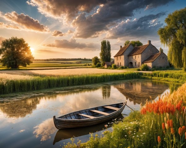 Serene Countryside Scene with Rustic Cottage at Sunset