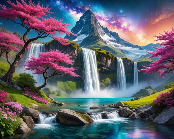 Serene landscape with cherry blossoms and waterfalls