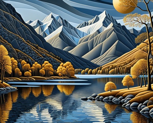 Serene Landscape with Snow-Capped Mountains and Lake