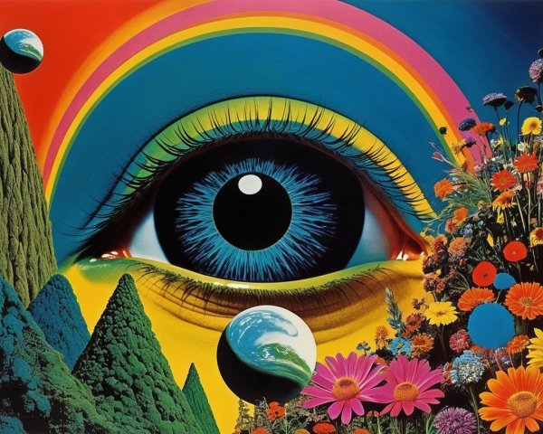 Surreal Eye Surrounded by Colorful Landscape and Rainbows