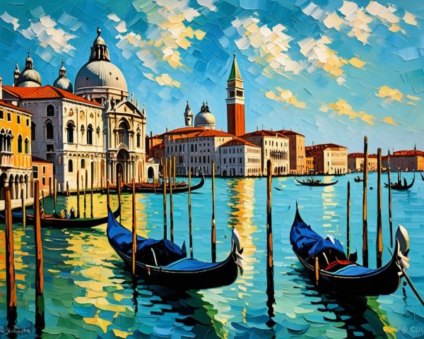 Impressionist Painting of Venice with Gondolas and Sunlight
