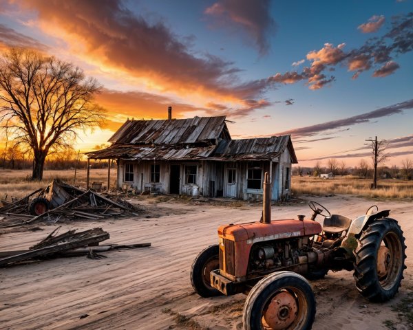 Weathered Farmhouse and Tractor at Sunset Scene
