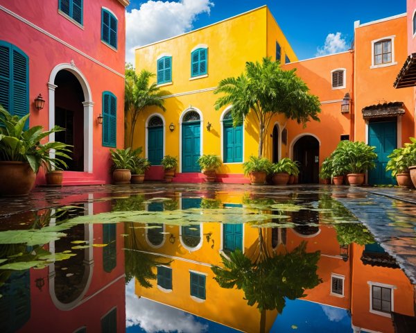 Vibrant Courtyard with Colorful Buildings and Plants
