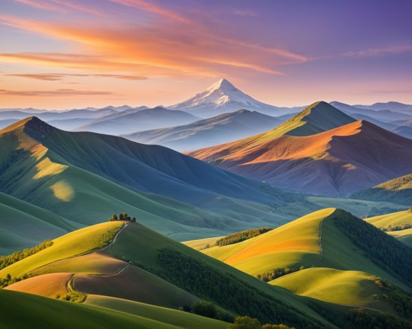 Serene Landscape of Green Hills and Snow-Capped Mountains