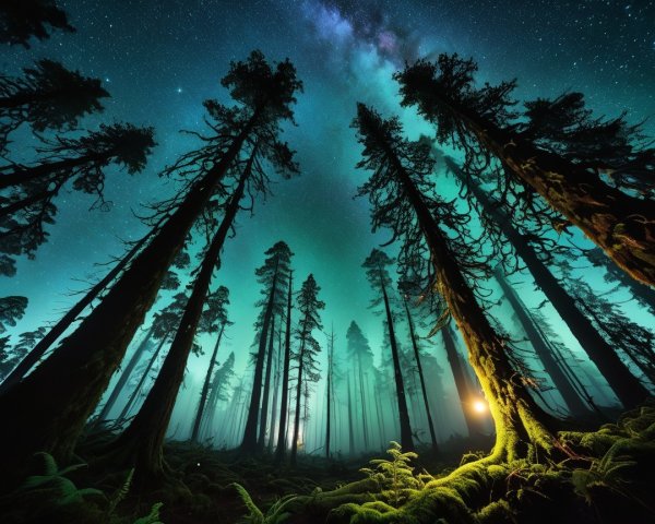 Nighttime Forest with Tall Pine Trees and Teal Galaxy