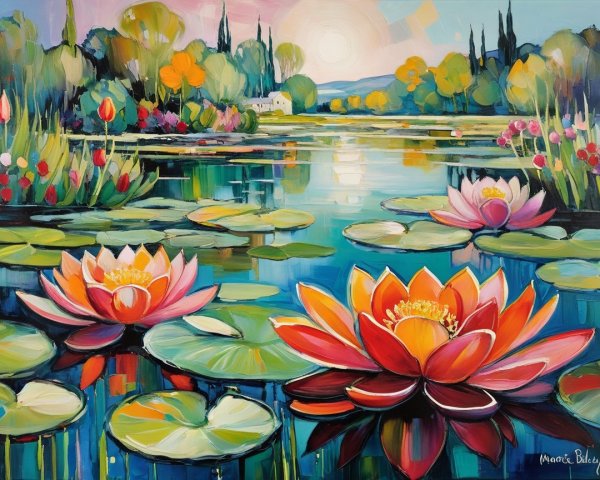 Vibrant Water Lilies in Reflective Pond Setting