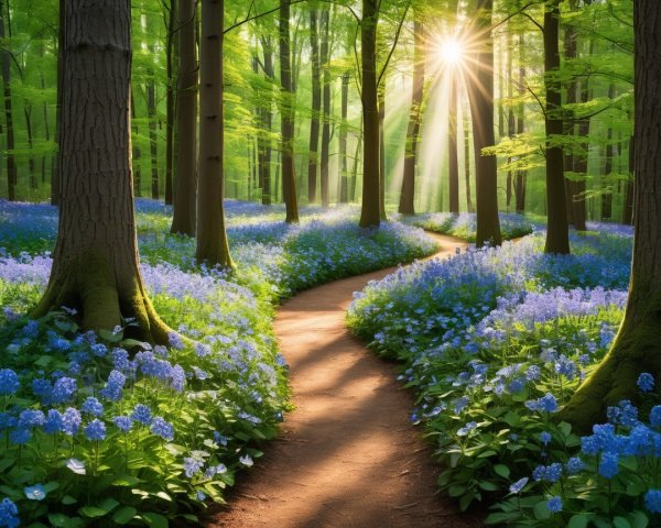 Serene Forest Path with Sunlight and Blue Flowers
