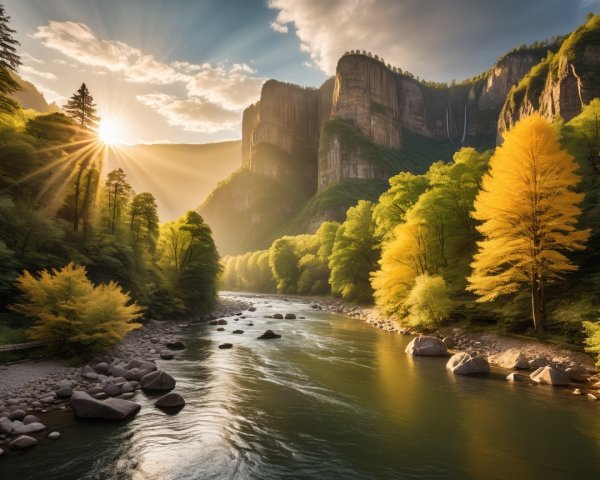 Serene River in Lush Valley with Autumn Trees