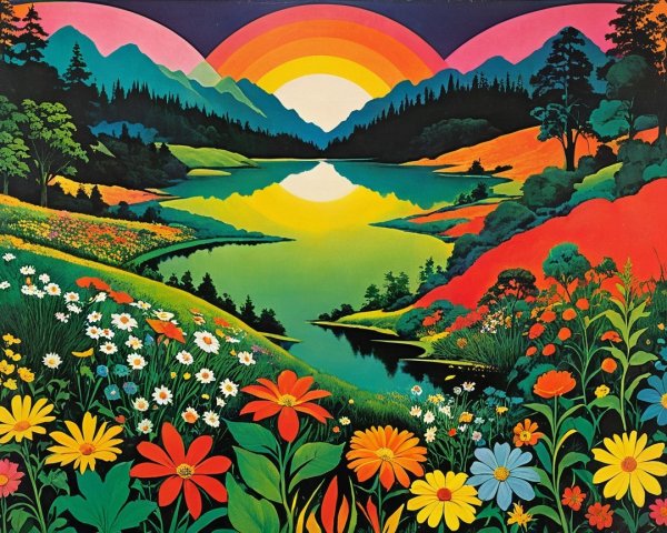 Vibrant Landscape with Lake, Rainbow, and Mountains