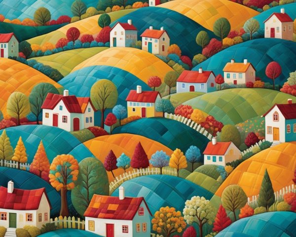 Colorful Whimsical Landscape with Quaint Houses