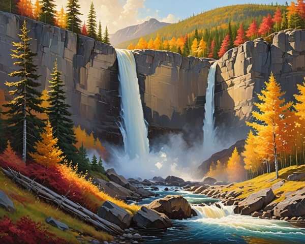 Majestic Waterfalls Amid Vibrant Autumn Foliage